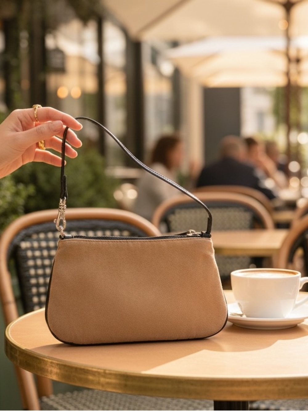 Vintage style small wristlet featuring two poodles having a cup of coffee - Picture 2 of 4